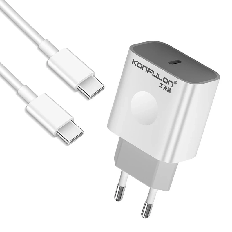 Kucni punjac KONFULON C69D+DC15 PD20W sa PD kablom Type C na Type C beli Kucni punjac KONFULON C69D+DC15 PD20W sa PD kablom Type C na Type C beli