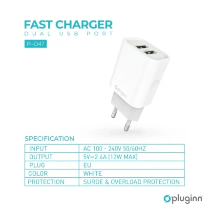 Kucni punjac Pluginn PI-D47, 5V, 2.4A, 12W 2xUSB sa lightning kablom beli CE