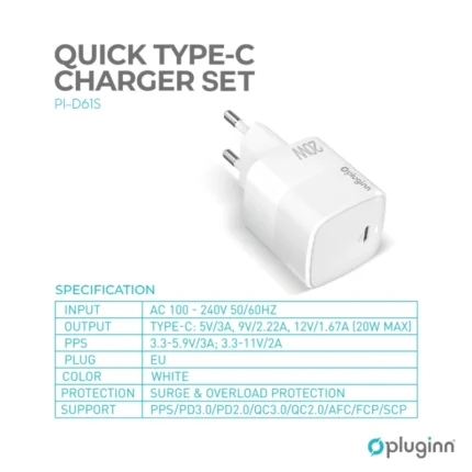 Kucni punjac Pluginn PI-D61S, PD3.0, PPS, 20W sa PD iPhone lightning kablom beli CE