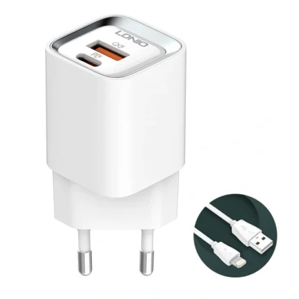 Kucni punjac LDNIO A2317C, 3.6A, QC3.0 18W, PD 30W sa Iphone lightning kablom beli