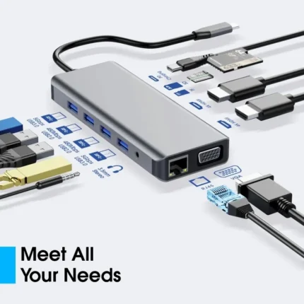 Adapter Type C na LAN Gb, SD card, TF, Type C, 3xUSB 3.0, USB 2.0, Audio, 2xHDMI i VGA 12 u 1 20cm kabl