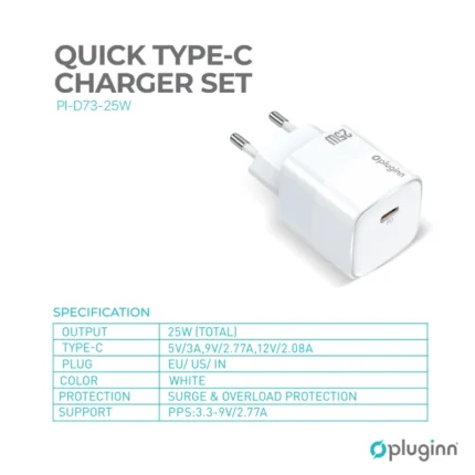 Kucni punjac Pluginn PI-D73-25w, PD 3.0, PPS, 25W sa PD iPhone lightning kablom beli CE
