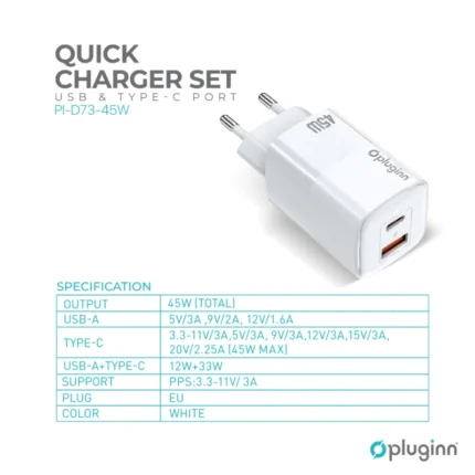 Kucni punjac Pluginn PI-D74-45w, GaN, QC3.0, PD3.0, PPS, USB 19W, PD 45W beli CE