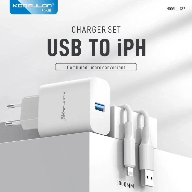 Kucni punjac KONFULON C87, 3A, 15W, sa iPhone lightning kablom white Kucni punjac KONFULON C87, 3A, 15W, sa iPhone lightning kablom white