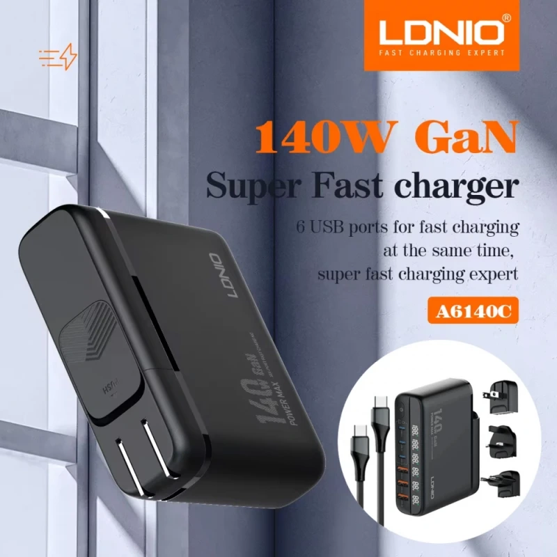 Kucni punjac sa adapterima LDNIO A6140C GaN PPS 3xQC3.0 (30W), 3xPD3.0 (100W), 140W Max, a Type C na Type C kablom crni Kucni punjac sa adapterima LDNIO A6140C GaN PPS 3xQC3.0 (30W), 3xPD3.0 (100W), 140W Max, a Type C na Type C kablom crni