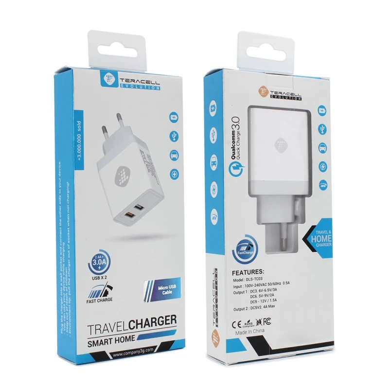 Kucni punjac Teracell Evolution TC-03 QC3.0 2.4A sa micro USB kablom beli Kucni punjac Teracell Evolution TC-03 QC3.0 2.4A sa micro USB kablom beli