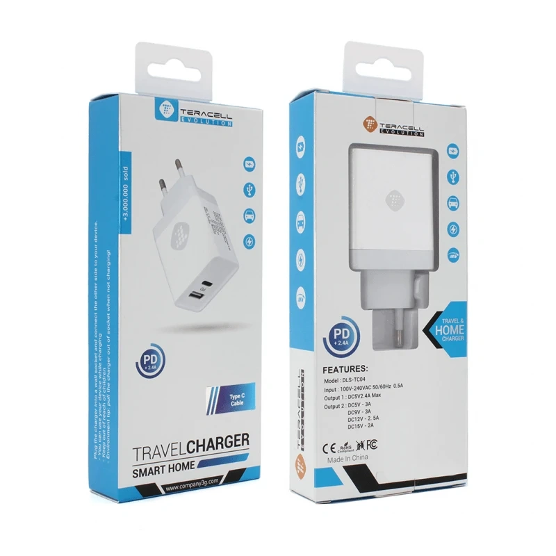 Kucni punjac Teracell Evolution TC-04 USB+PD 2.4A 30W sa PD Type C kablom beli Kucni punjac Teracell Evolution TC-04 USB+PD 2.4A 30W sa PD Type C kablom beli