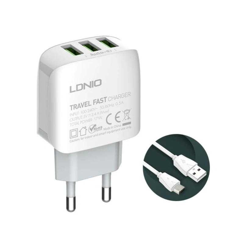 Kucni punjac LDNIO A3312 3xUSB 5V 3.4A 17W sa micro USB kablom beli Kucni punjac LDNIO A3312 3xUSB 5V 3.4A 17W sa micro USB kablom beli
