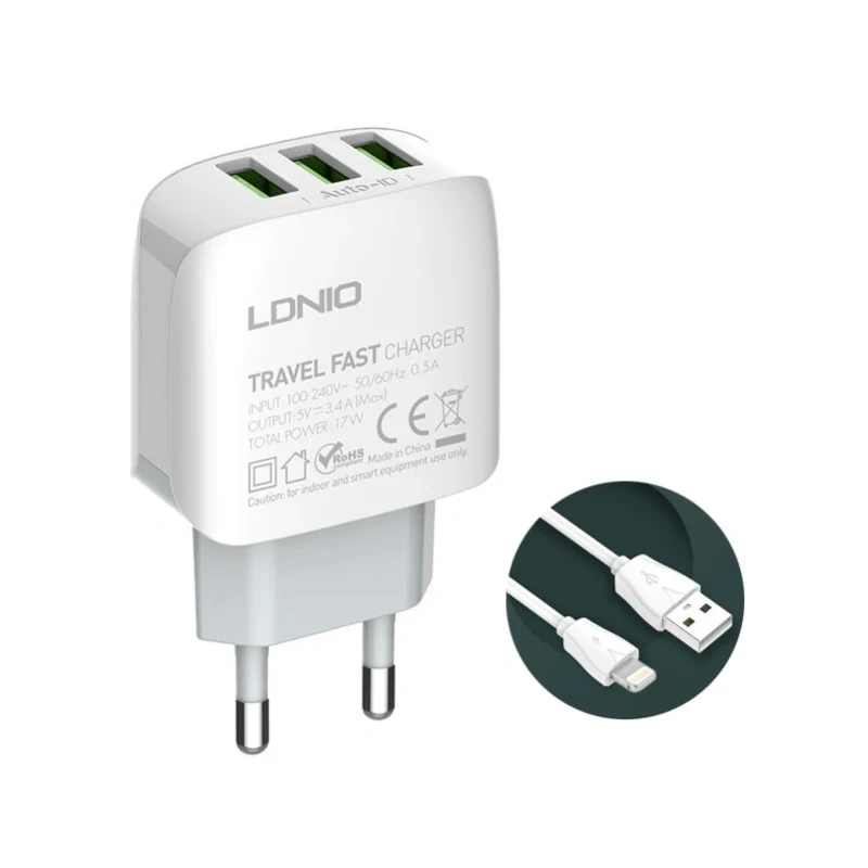 Kucni punjac LDNIO A3312 3xUSB 5V 3.4A 17W sa iPhone lightning kablom beli Kucni punjac LDNIO A3312 3xUSB 5V 3.4A 17W sa iPhone lightning kablom beli