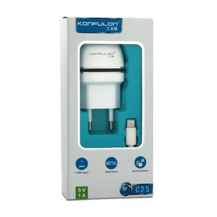 Kućni punjač KONFULON C25+S05 2xUSB 5V 1A sa iPhone lightning kablom belo crni