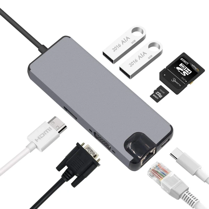 Adapter Type C na RJ45 (LAN) HDMI VGA 2xUSB 3.0 PD SD microSD 8u1 JWD-TC32 Adapter Type C na RJ45 (LAN) HDMI VGA 2xUSB 3.0 PD SD microSD 8u1 JWD-TC32